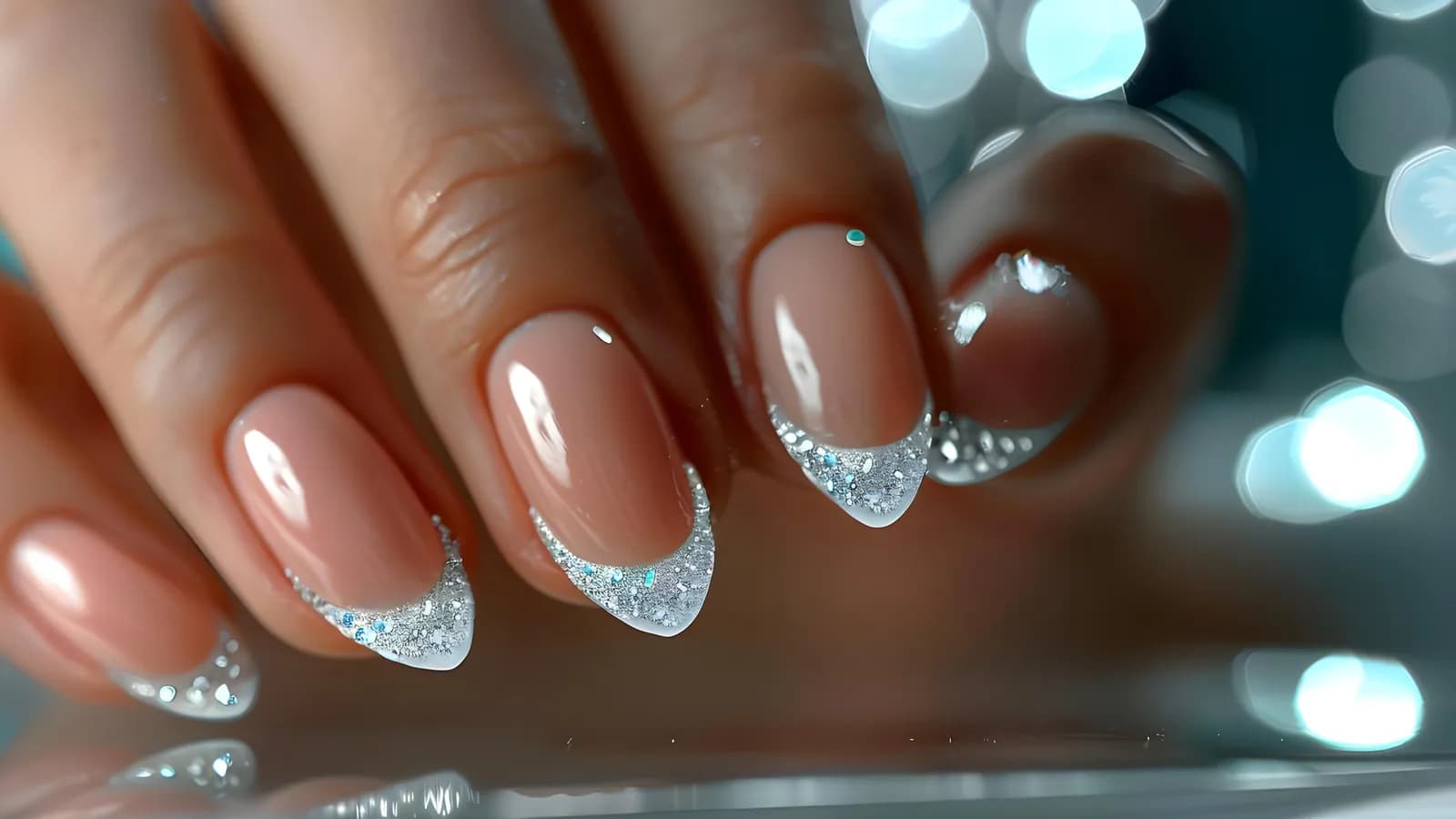 Close-up van een elegante gel-manicure met glinsterende french tips