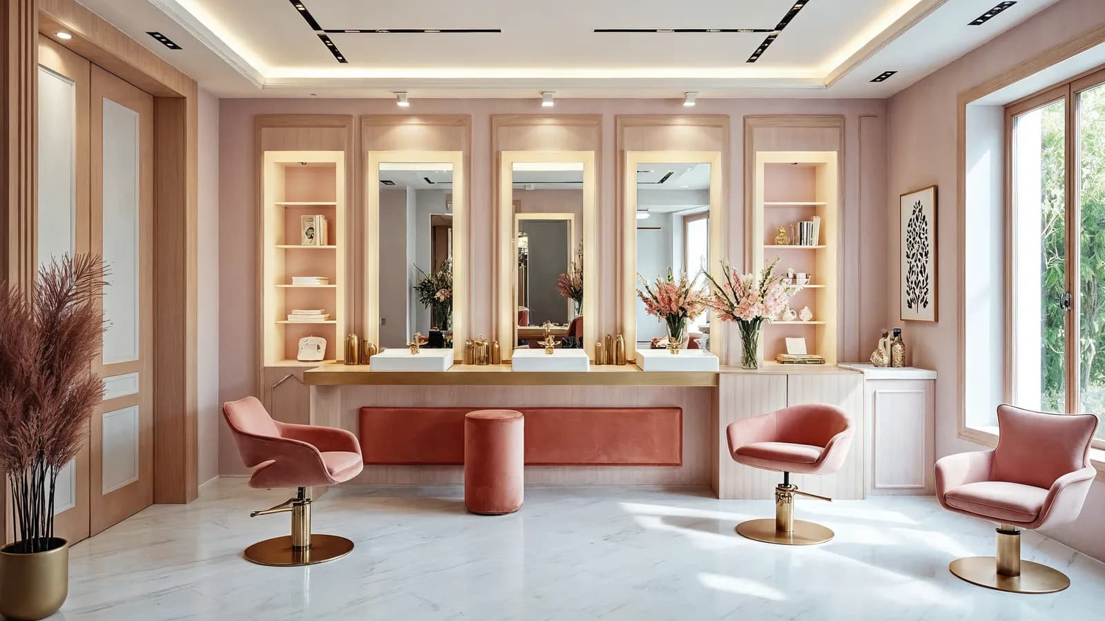 Modern, licht saloninterieur met roze fauteuils, spiegels en bloemen