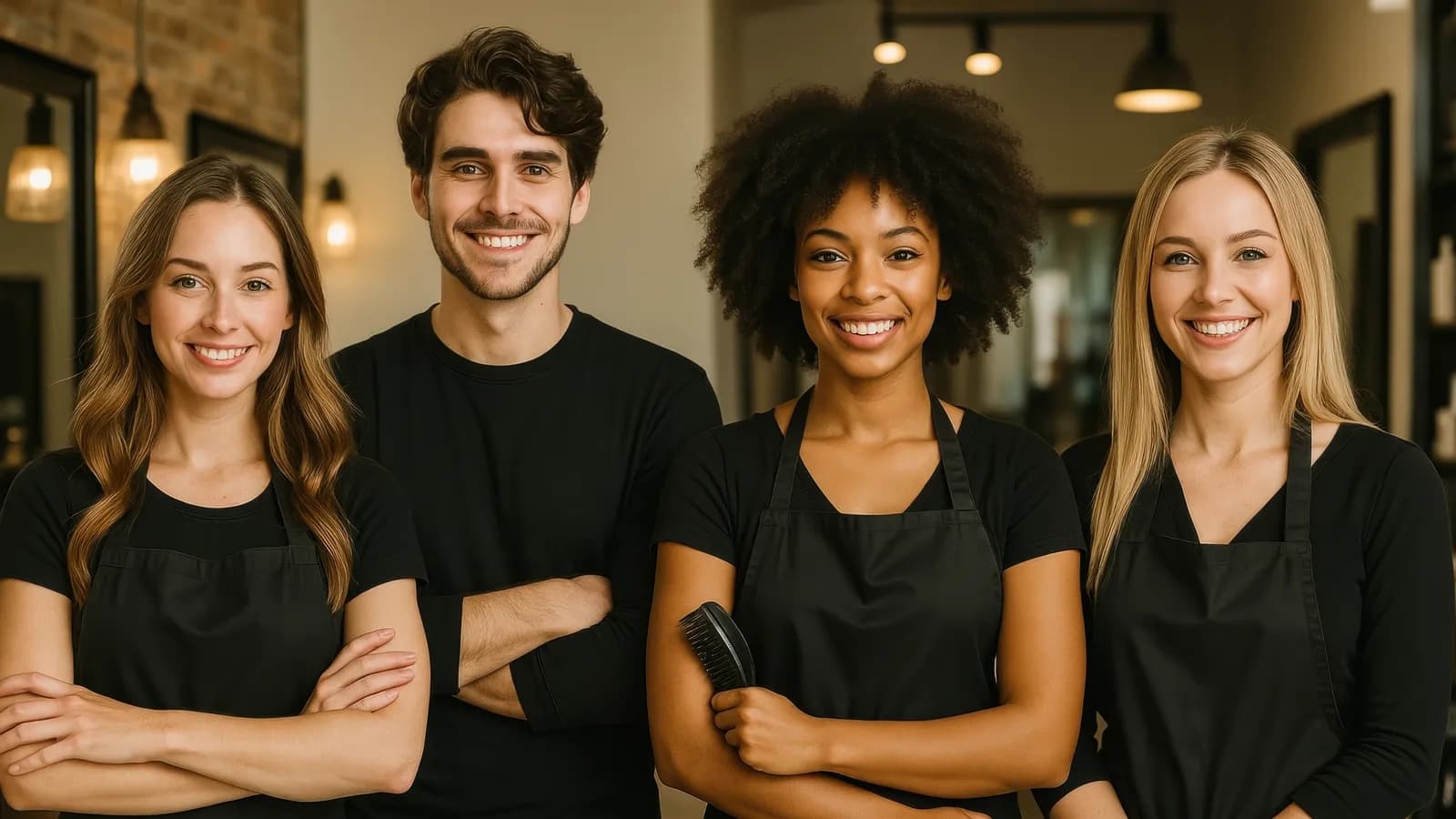 Lachend salonteam van vier medewerkers in zwarte schorten